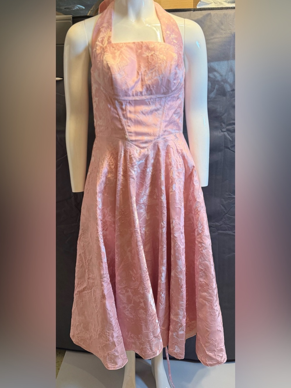 NWT Pink Halter Fit-and-Flare Dress Burn Out Jacquard Pattern